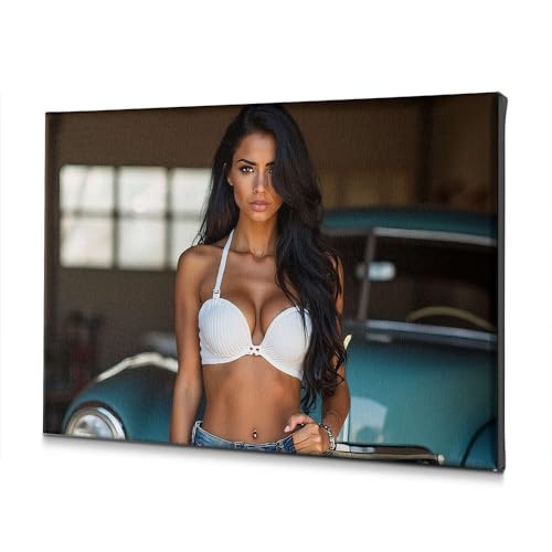 Toile décorative pour salle de bain tableau rétro femme voiture de collection 40x60cm