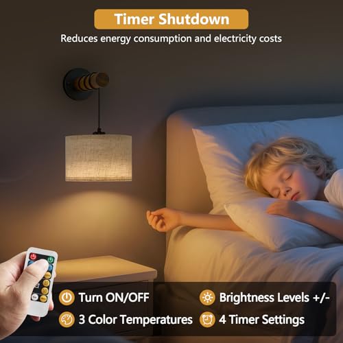 Image of XSDeTu Battery Operated Wall Sconce with Remote, Rechargeable Battery Powered Wall Light, 3 Colors Dimmable Wall Mounted Lights, Adjustable Lamp for Bedroom Bedside, Wooden Arm, Fabric Shade, 2 Pcs