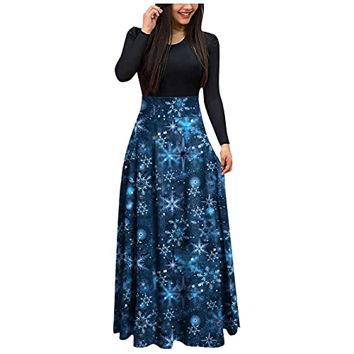 Ropa Mujer Vestido de Moda para Mujer Vestido de Manga Larga de Navidad con Cuello Redondo Estampado hasta el Tobillo Vestido Largo Suelto Maxi 711ES388 (Azul,XL)