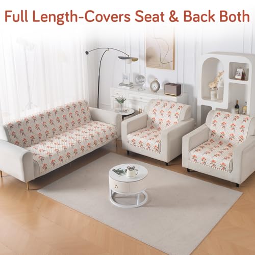 Image of HOKIPO Autumn Blossom Quilted Sofa Cover 5 Seater Set - Washable 3+1+1 Sofa Cover for Seat & Back with Tassel Design | 'Tassel Twigs' Series (IN-991-T5 + IN-989-T5)