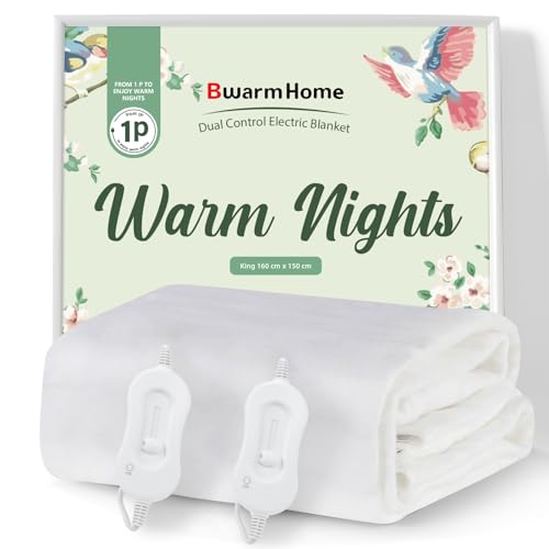 BWARM HOME Electric Blanket King Heated Electric Underblanket, 160 x 150cm, Dual Control, 3 Heat Settings, Overheat Protection, Easy Fit Straps, Machine Washable