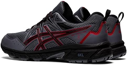 Amazon.com | ASICS Men's Gel-Venture 8 Running Shoes | Road Running A man's foot is shown wearing a black and red ASICS Gel-Venture 8 running shoe. The shoe has a black mesh upper with red synthetic overlays. The midsole is white with a red GEL cushioning unit in the heel. The outsole is black with a trail-specific tread pattern.