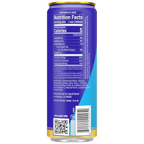 Image of Liquid Death Sparkling Energy - Tropical Terror (Classic Pina Colada), Zero Sugar Energy Drink, Unextreme Caffeine 100mg, Essential Vitamins, 12 Fl Oz (Pack of 12)