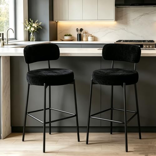 Image of Bar Stools, 30 inch Tall Bar Stools Set of 3, Boucle Upholstered Counter Height Bar Stools, Modern Bar Chairs Metal Frame with Back and Footrest for Kitchen Island,Black Barstools