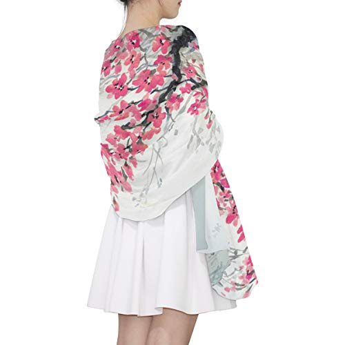 ALAZA Long Silk Like Scarf for Women Watercolor Cherry Blossom Painting Large Head Wrap Stole4