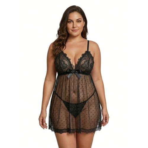 Plus Size Lingerie for Women, Sexy Lace Babydoll Chemise, Swiss Dot Mesh Nightie Sleepwear (1X-5X) 3X-Large Black - Classic Swiss Dot