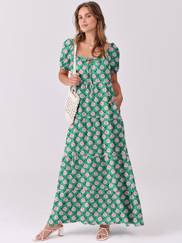 Image of ANRABESS Women's Boho Maxi Dresses 2025 Summer Casual Floral Puff Short Sleeve Tie Front Flowy Swing Tiered Long Beach Dress