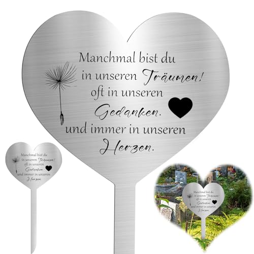 Grabschmuck Wetterfest, Grabstecker Metall Herz, Grabstecker Edelstahl Herz, Grabdekoration, mit Spruch du Manchmal Bist du in Unseren Träumen, Grabdekoration Wetterfest Frostbeständig, Andenken