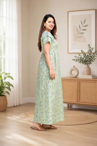 Image of Women's Pure Cotton Maxi Nighty, Floral Print, Short Sleeve Night Gown Adjustable Back BeltSoft Breathable Full-Length Sleepwear & Lounge Wear