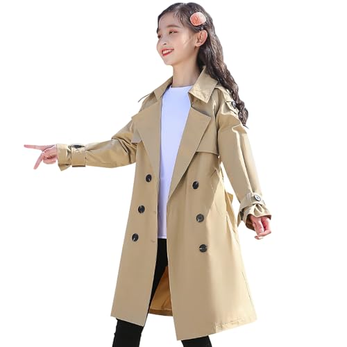 Amur Leopard Übergangsjacke Mädchen Windjacke Kinder mit Gürtel Einfarbige Frühlingsjacke Langer Herbstmantel, Khaki, 134-140 (Etikettengröße: 140)