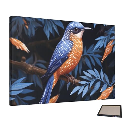 Toile oiseaux bleus et oranges pour salon chaleureux - Peinture esthétique de chambre HCLYvexiria