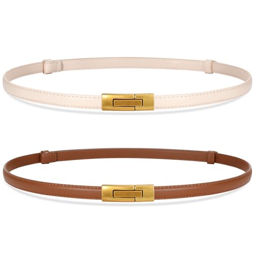 SANSTHS 2 Pack Thin Ladies Waist Belt for Dresses Jeans Pants, Skinny Womens Belt with Antique Gold Buckle