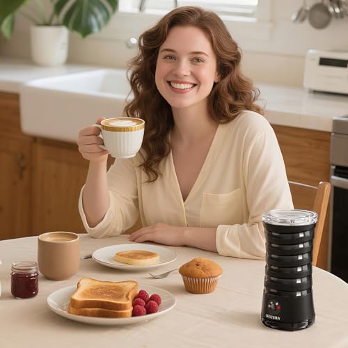Image of Secura Electric Milk Frother, Automatic Milk Steamer, 4-IN-1 Hot & Cold Foam Maker-8.4oz /240ml Milk Warmer for Latte, Cappuccinos, Macchiato with Silicone Spatula, Quiet Operation & Shut-off (Black)