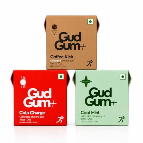 Image of Gud Gum Caffeine Gum Variety Pack with Xylitol - 3 Pack Assorted Flavors (Cola, Raspberry, Cold Coffee, Mint) - Sugar-Free, Fast-Acting Energy Gum for Focus, Alertness & On-the-Go Boost (3 Pack Assorted)