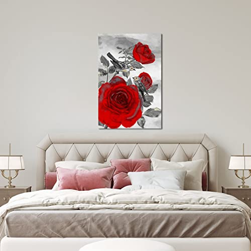 Fushvre Red Rose Canvas Painting Large Flower Picture Art For Wall Stretched Adn Framed Floral Home Office Decor Giclee Rose Artwork Ready To Hang 24"X36" #TOP2