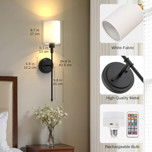 DORESshop Battery Operated Wall Sconce Set of 2, Wireless Wall Light Easy to Install, 7 Color Rechargeable Wall Sconces, Sconce Wall Decor Set of 2 for Bedroom, Living Room, Black, 24.3in by DORESshop - Used condition - Image 8
