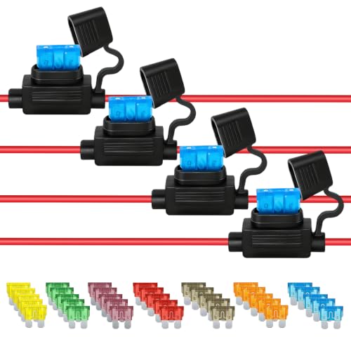 CXDWOCHE 4 Pack 10AWG Inline Fuse Holder, Heavy Duty Waterproof in Line Fuses Holder 12V with 35 PCS Car Fuses (5A/7.5A/10A/15A/20A/30A/40A - 5 of Each), for Marine Auto Truck SUV Boat