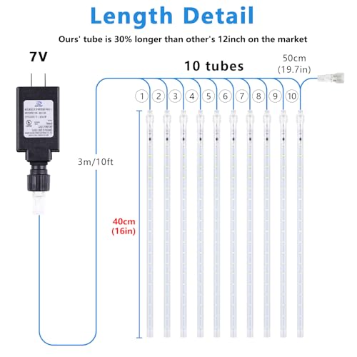 Aluan GP-SW070DC0857-IP44(US) A Meteor Shower Lights Outdoor White Christmas Lights 16 Inch 10 Tubes 360 Led Falling Rain Lights Waterproof Snowfall Dripping Icicle Lights thumb #1