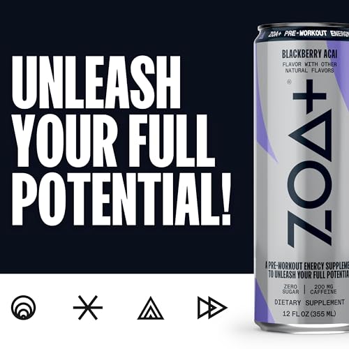 ZOA+ Pre-Workout Energy Drink Supplement - NSF Certified for Sport with Zero Sugar, Nitric Oxide Support, B & D Vitamins, Amino Acids, and Electrolytes (BlackBerry Acai) - Thumbnail 3