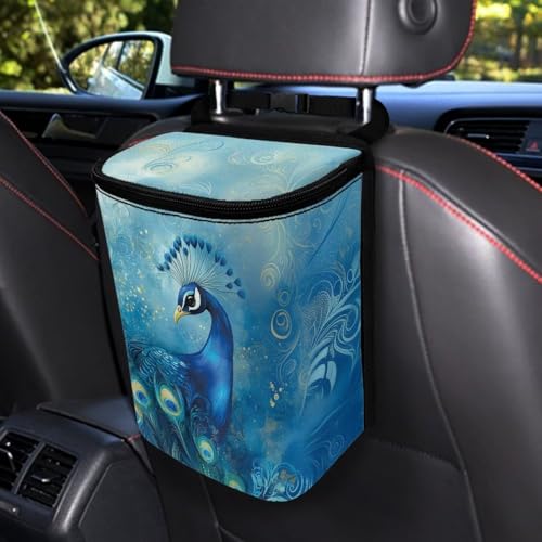 Image of Talayituse Blue Peacock Print Car Trash Bin, Large Size Auto Trash Can Adjustable Portable Garbage Can with Lid, Vehicle Hanging Bag for Headrest Front Back Seat
