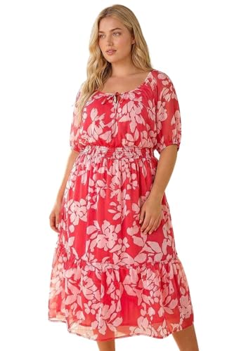 Image of Roman Curve Tropical Print Tie Neck Midi Dress for Women UK - Ladies Spring Everyday Summer Holiday Short Sleeve Soft Swing Comfy Floral Frock Dinner Date Gowns - Pink - Size 18