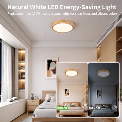 Image of 11.8 Inch Wood LED Flush Mount Ceiling Light 4500K | Modern Style, Acrylic Lampshade, Not Dimmable, Ceiling Light Fixture for Bedroom Kitchen Hallway Living Room