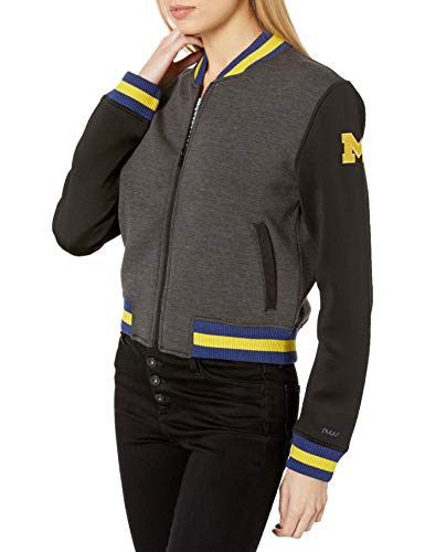 nuyu Women's University of Michigan-Cropped Varsity Jacket, Charcoal/Black, L