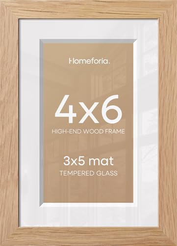 Image of Homeforia 4x6 Natural Oak Picture Frame, High-End Wood, 3x5 Mat, Glass | High End Solid Oak Wood, Tempered Glass, Acid-Free 3x5 Removable Mat, 4x6 Edge-to-Edge Display 6x4, Wall Kit, Set Of 3