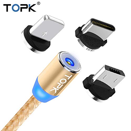 Magnetic Phone Charging Cable, 3 in 1 Cable TOPK 6.6ft Nylon Braided Durable USB Type C/Micro USB/L Charger Cable with LED Light for i-Product/Galaxy S6/S7/S8/S9/S9+/Huawei/HTC/OnePlus(Round,Gold)
