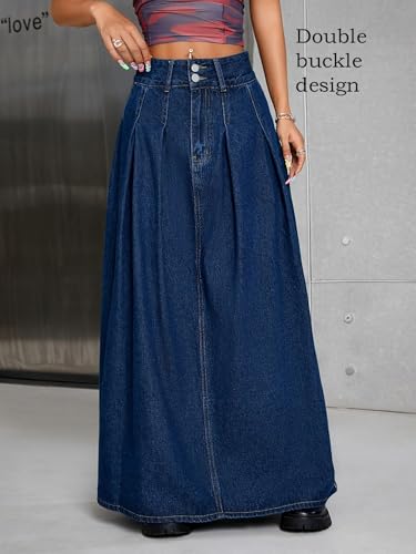 Women's Vintage Double Buckle High-Waisted Frayed A-Line Long Denim Skirt Pockets Blue2