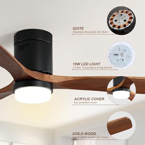 Sofucor 52 Inch Solid Wood Low Profile Ceiling Fans with Lights and Remote, Dimmable Outdoor Ceiling Fan with Light 3 Walnut Blades Ceiling Fan, Reversible DC Motor Timer for Patio Bedroom Living Room by Sofucor - Used condition - Image 3