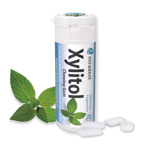 miradent Xylitol Zahnpflegekaugummi Pfefferminze Dose 30 Stück (1 x 30 g) | erfrischender Geschmack | zuckerfrei | vegan | kariespräventiv | für unterwegs