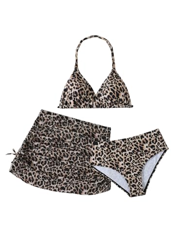 Floerns Girl's 3 Piece Swimsuit Cheetah Halter Bathing Suit and Beach Skirt Set
