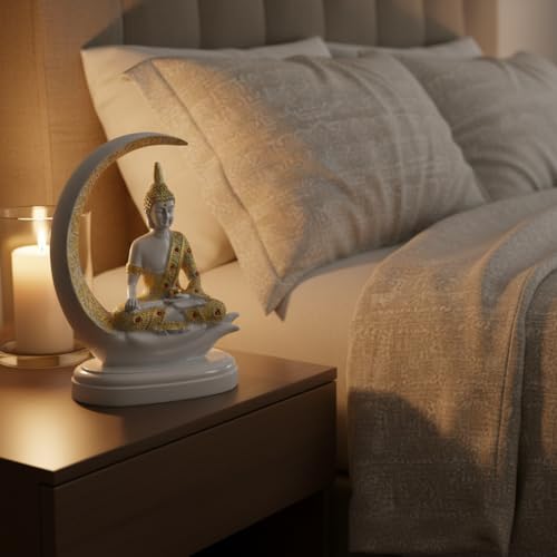 Image of ZAICUS White Buddha Idol for Home Decor | Meditating Buddha Statue on Crescent Moon | Showpiece for Living Room, Office, Temple | Spiritual Gift