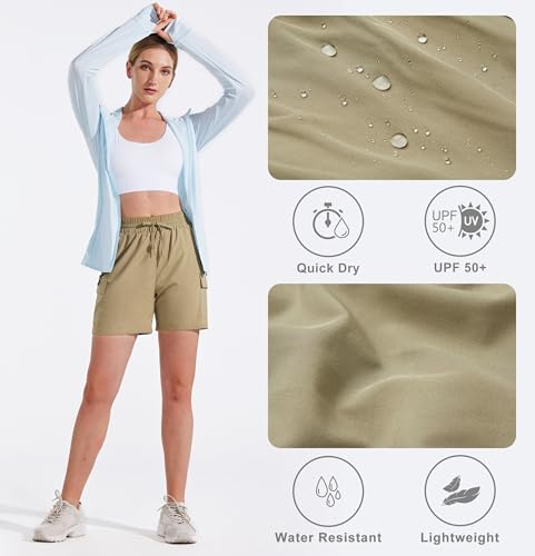 MASKERT Wanderhose Damen Kurz Outdoor Sports Shorts 5'' Laufshort Stretch Sporthose Laufhosen Sommer Kurze Cargohose Wandershorts mit Taschen, Khaki M