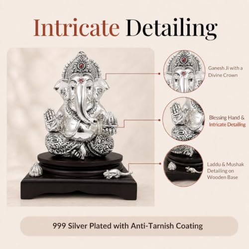 Image of Silver-Plated Lord Ganesha Idol with Modak & Mushak | Ganpati Murti for Home, Pooja Room, Office Desk & Car Dashboard | Home Decor & Diwali Gift - Large