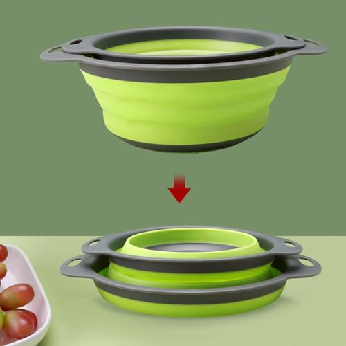 Image of Collapsible Silicone Colander Set of 3 with Drainage Tray, Foldable Food Strainer Basket for Fruits, Vegetables, Pasta & Kitchen Storage, Space Saving - Grey Green