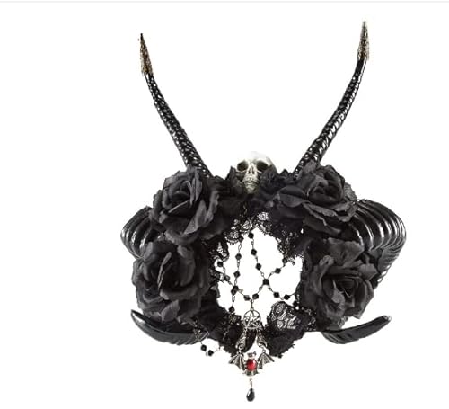 Gothic Antelope Horns Headband Skull Flowers Halloween Witch Demon Crowns Fancy Dress (Black) #TOP1