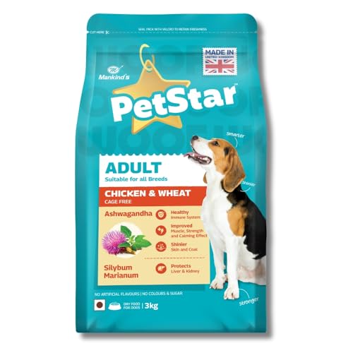 Image of Mankind Petstar Adult Dry Dog Food (High Protein) Chicken & Wheat Flavor, 3kg | Improves Muscle & Strength, Supports Immunity, Protects Liver & Kidney| Adult Dog Food