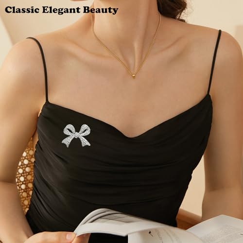 Image of HINGTAI 2Pcs Silver Bow Brooches and Pins for Women, Classic Vintage Rhinestone Brooch Pins, Decorations for Clothes, Suits, Hats & Bags