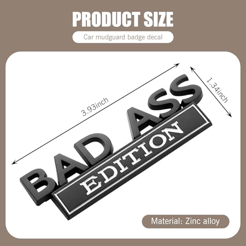 Image of Pack-1 Car 3.93 inch x 1.34 inch Fender Badge Sticker, Bad Ass Edition Alloy Anti-Rust Personalized Decoration, 3D Stereoscopic Tailgate Front Grille Hood Decal, Universal for Cars (Black & White)