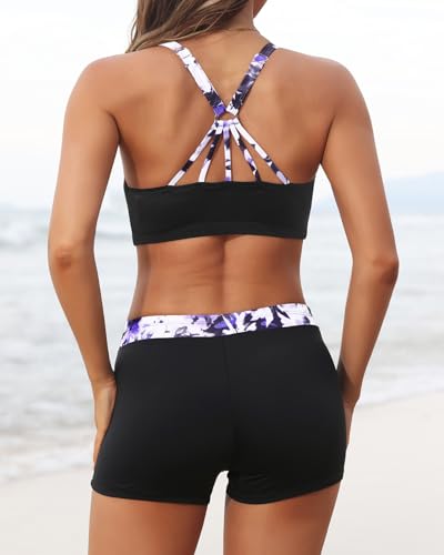 Image of 3 Piece Swimsuits Open Tie Back Tankini Top And Athletic Swim Shorts | Supportive Strappy Swim Bra, Adjustable Straps, Removable Pads, Tummy Control Boyshorts, Quick Dry Fabric, XXS-20 Plus