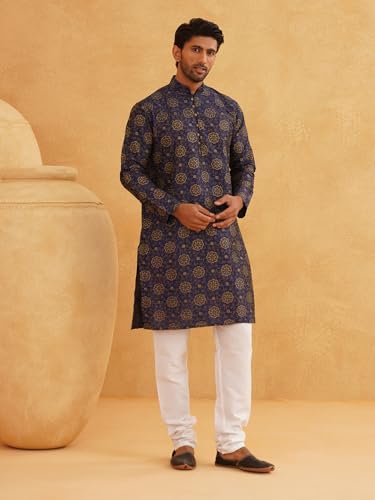 Image of SOJANYA (Since 1958 Men's Silk Blend Printed Kurta & Off White Churidar Pyjama Set