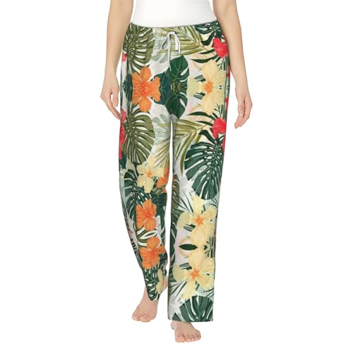 Pantalon de pyjama doux pour femme imprimé fleurs d'hibiscus finitions haut de gamme