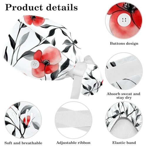 Image of Red Blooming Rose Flowers Black Working Cap with Scrunchy and Ribbon Tie for Women, Long Hair