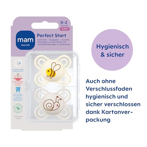 MAM Perfect Start Schnuller im 2er-Set, speziell für Neugeborene, zahnfreundlicher Baby Schnuller aus nachhaltigen & bio-erneuerbaren Materialien, mit Schnullerbox, 0-2 Monate, Biene/Schnecke