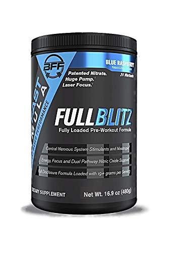 FULLBLITZ by BFF Build Fast Formula | Fully Loaded Pre-Workout | Energy Booster + Huge Dual Pathway Nitric Oxide Boosting Muscle Pumps, Laser Focus & Nootropic Blend â€“ 24 Workouts (Blue Raspberry)