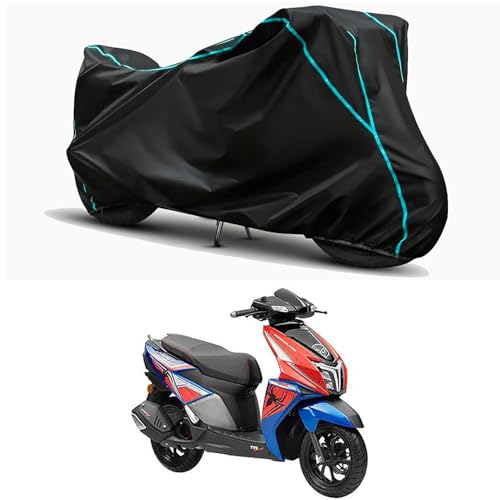 Image of Waterproof Bike Body Cover Compatible for | TVS NTORQ 125 Super | Taffeta Fabric, Sky Piping Design, Bottom Elastic Fit | Dustproof, Sun UV & Rain Protection for All Weather.