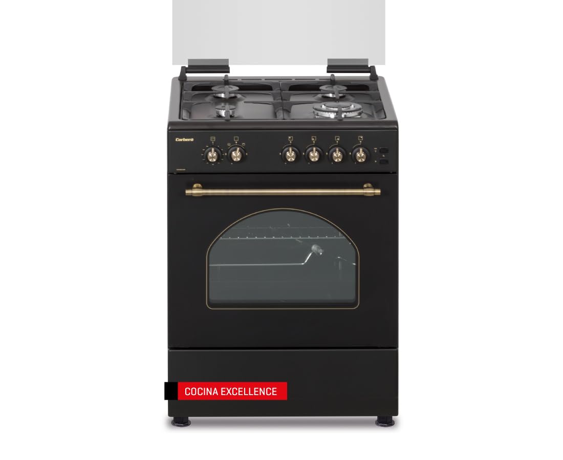 Corberó - Cocina de Gas Butano Excellence 60cm | CCSF6022NR | 4 Fuegos | Horno 55L con puerta triple cristal| Función Ruste pollos | Tapa Fogones Cristal| Wok con Quemado| Negro Rústica