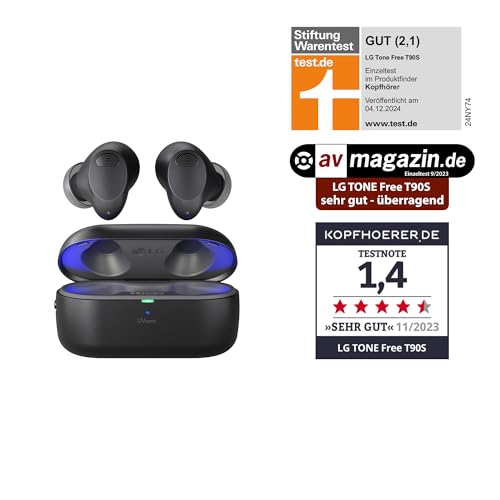 LG Tone Free T90S In-Ear Bluetooth Kopfh&ouml;rer mit Dolby Atmos-Sound, Meridian-Technologie, ANC (Active Noise Cancellation), UVnano & IPX4-Spritzwasserschutz - Schwarz